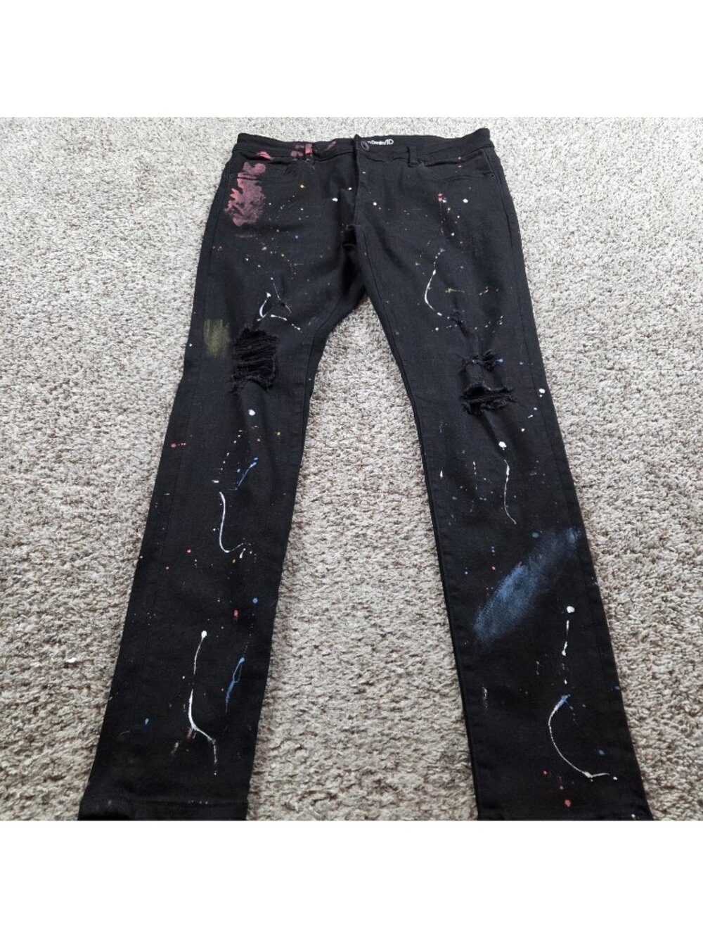 Crysp Denim Jeans Mens 36x33.5 Black Graffiti Paint Splatter Distressed Skinny
